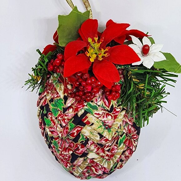 VTG Huge Handmade Herringbone Cloth Navy Pink Gold Christmas Holiday Ornament - Picture 1 of 12